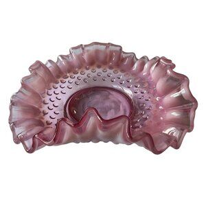 Fenton Vintage Pink Ruffled Glass Bowl With Hobnail Design
